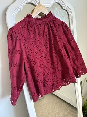 Womens Eyelet Peasant Blouse - Burgundy